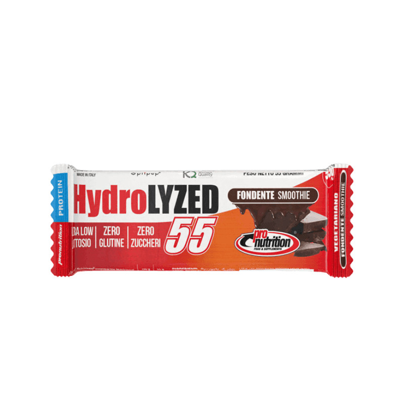 Barre protéinée Hydrolyzed sans sucre avec chocolat croquant et noisettes.