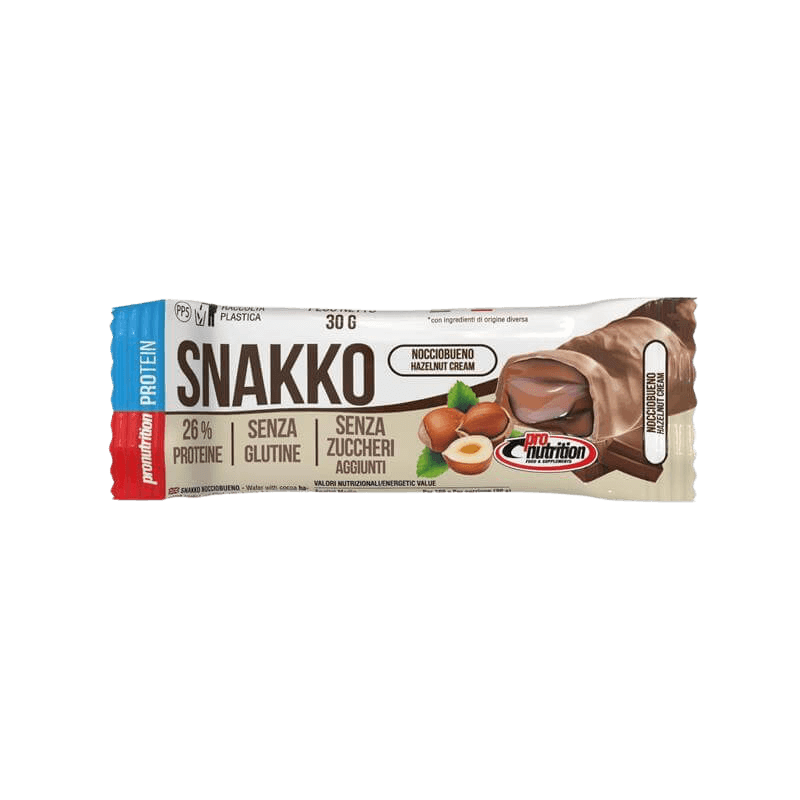 Gaufrette protéinée Snakko, enrobée de chocolat au lait, avec crème au beurre de cacahuète, sans gluten et faible en sucre.