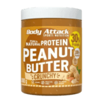 Beurre de cacahuètes body attack naturel, riche en protéines et en fibres, texture croquante.